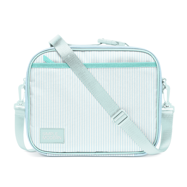 Seafoam green and white striped insulated lunch bag with vertical stripe pattern on white background Seafoam green and white striped insulated lunch bag with vertical stripe pattern on white background