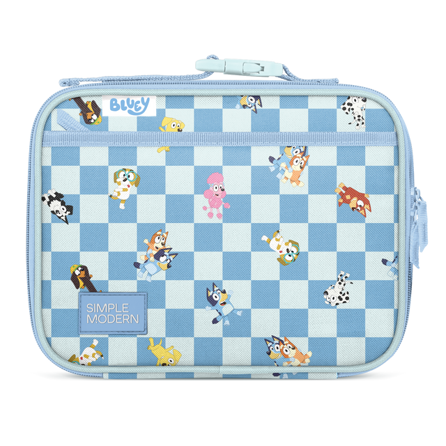 Light blue and cream checkerboard lunch bag with blue binding, zipper pull, and shoulder strap Light blue and cream checkerboard lunch bag with blue binding, zipper pull, and shoulder strap