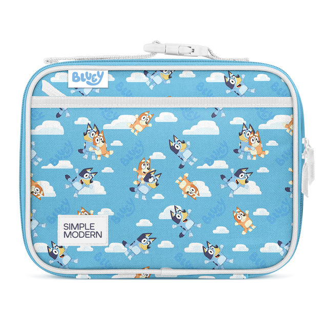 Sky blue lunch box with white clouds, zipper, handle, and trim details Sky blue lunch box with white clouds, zipper, handle, and trim details