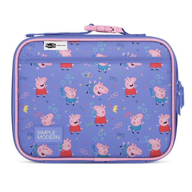 Periwinkle blue children's lunch box with pink trim and accents on the exterior surface. Periwinkle blue children's lunch box with pink trim and accents on the exterior surface.