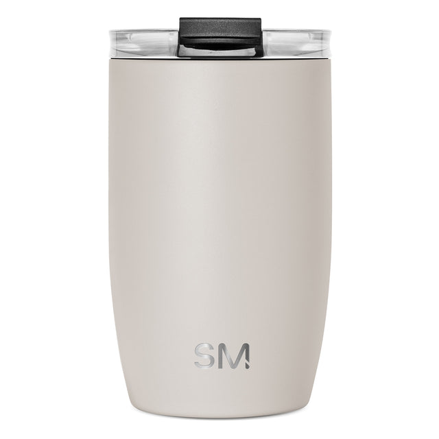 Cream-colored insulated tumbler with black lid and clear transparent side panels Cream-colored insulated tumbler with black lid and clear transparent side panels