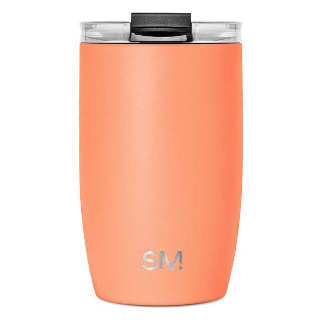 Coral-orange stainless steel tumbler with matte powder-coated finish and tapered cylindrical shape on white background Coral-orange stainless steel tumbler with matte powder-coated finish and tapered cylindrical shape on white background