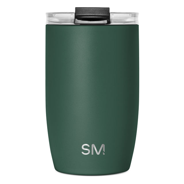 Stainless steel insulated tumbler with forest green powder-coated exterior and brushed finish, cylindrical shape with slight taper Stainless steel insulated tumbler with forest green powder-coated exterior and brushed finish, cylindrical shape with slight taper