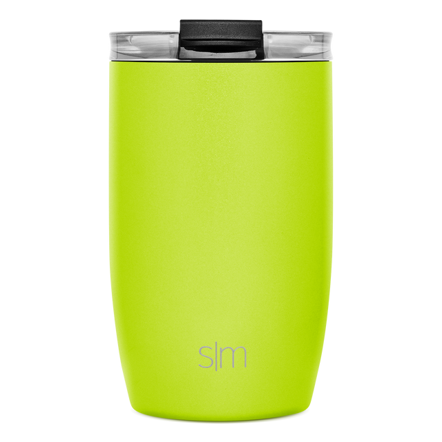 Neon lime green tumbler with clear transparent glass rim and black carry handle Neon lime green tumbler with clear transparent glass rim and black carry handle