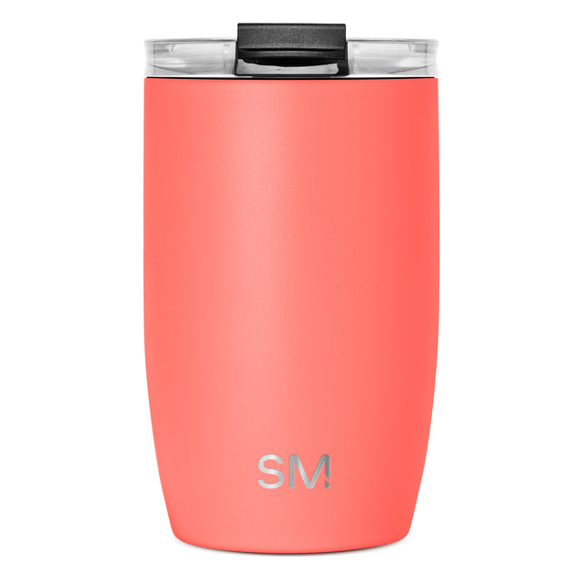 Coral-salmon pink tumbler with black lid and handle mechanism, clear interior visible Coral-salmon pink tumbler with black lid and handle mechanism, clear interior visible