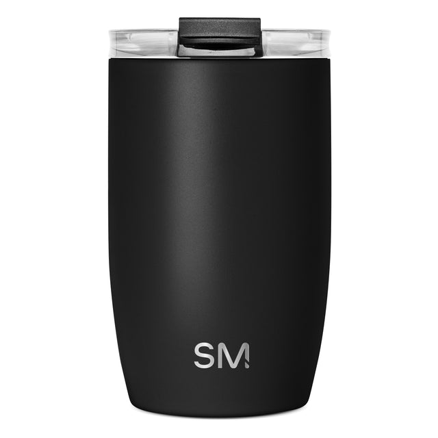 Black insulated tumbler with cylindrical shape and tapered bottom, matte powder-coated finish, displayed against white background. Black insulated tumbler with cylindrical shape and tapered bottom, matte powder-coated finish, displayed against white background.
