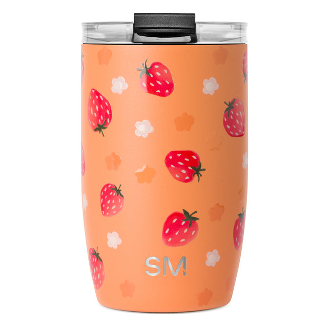 Peach coral tumbler with bright red strawberries and white seeds scattered across the surface, with white cloud accents. Peach coral tumbler with bright red strawberries and white seeds scattered across the surface, with white cloud accents.