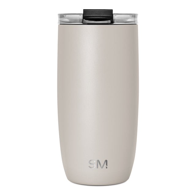 Beige matte tumbler with black rim and clear transparent lid mechanism Beige matte tumbler with black rim and clear transparent lid mechanism