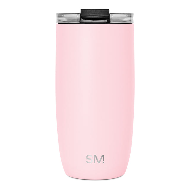 Pale pink insulated tumbler with cylindrical design and matte finish on white background Pale pink insulated tumbler with cylindrical design and matte finish on white background