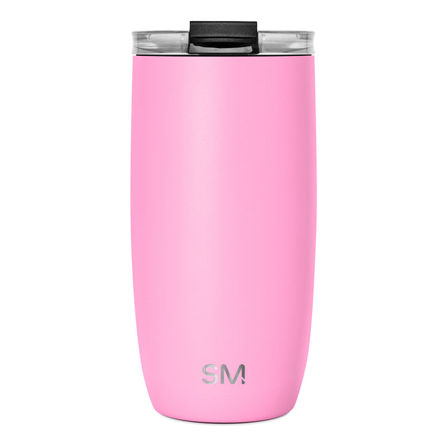 Pink tumbler with black lid and clear glass bottom, shown against white background Pink tumbler with black lid and clear glass bottom, shown against white background