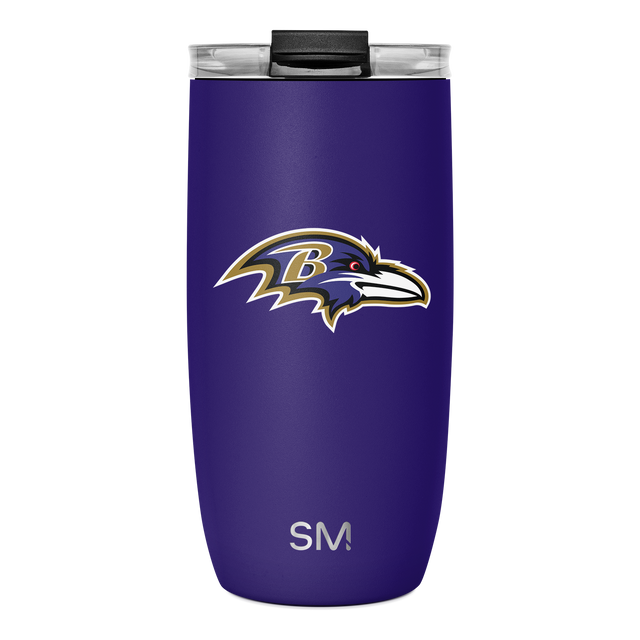 Deep purple tumbler with gold and white outlined raven logo, black lid and rim Deep purple tumbler with gold and white outlined raven logo, black lid and rim