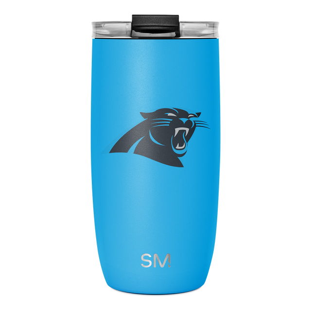 Bright blue tumbler with black lid and dark panther logo on front Bright blue tumbler with black lid and dark panther logo on front