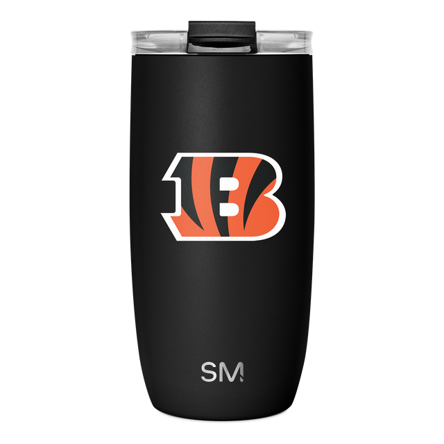 Matte black tumbler with Cincinnati Bengals logo in orange and gray stripes with white accents Matte black tumbler with Cincinnati Bengals logo in orange and gray stripes with white accents