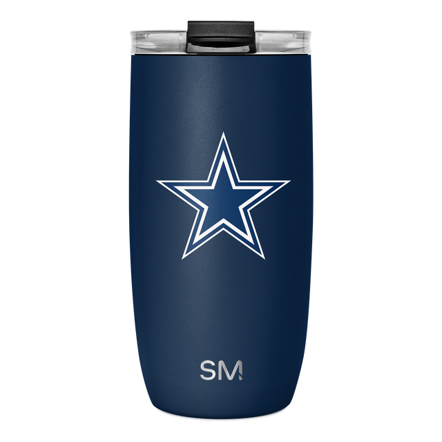 Deep navy blue insulated tumbler with white star logo and text branding, black rim and lid. Deep navy blue insulated tumbler with white star logo and text branding, black rim and lid.