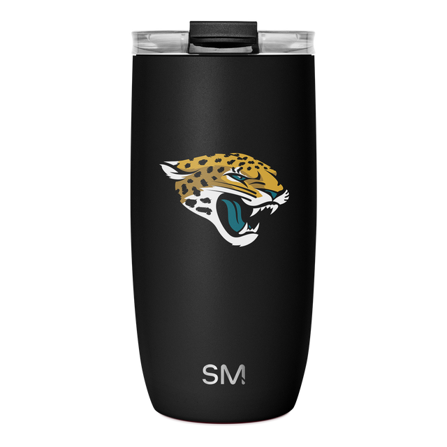 Black matte tumbler with Jacksonville Jaguars logo featuring gold and mustard yellow jaguar head and body with white accents Black matte tumbler with Jacksonville Jaguars logo featuring gold and mustard yellow jaguar head and body with white accents