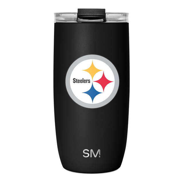 Black cylindrical matte tumbler with circular logo badge on white background Black cylindrical matte tumbler with circular logo badge on white background