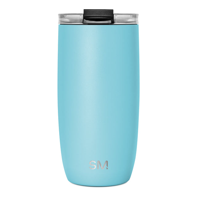 Soft turquoise blue insulated cylindrical tumbler with matte finish against white background Soft turquoise blue insulated cylindrical tumbler with matte finish against white background
