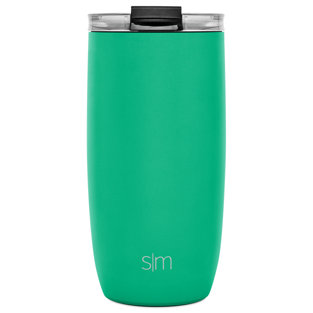 Seafoam green insulated tumbler with black lid and clear plastic panels Seafoam green insulated tumbler with black lid and clear plastic panels