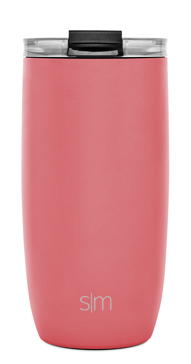 Tall cylindrical insulated tumbler with vibrant coral pink exterior on white background Tall cylindrical insulated tumbler with vibrant coral pink exterior on white background