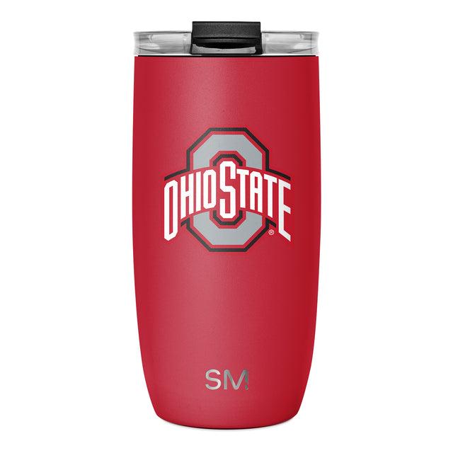 Red stainless steel tumbler with white and gray accents, black lid with clear plastic inserts, on neutral background Red stainless steel tumbler with white and gray accents, black lid with clear plastic inserts, on neutral background