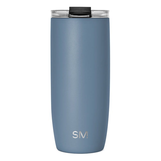 Tall cylindrical insulated tumbler with matte dusty blue-gray finish and tapered body, modern minimalist design for beverages. Tall cylindrical insulated tumbler with matte dusty blue-gray finish and tapered body, modern minimalist design for beverages.