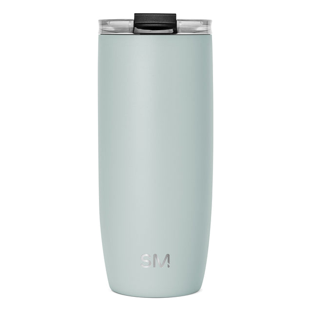 Sage green insulated tumbler with clear glass rim and black sliding lid Sage green insulated tumbler with clear glass rim and black sliding lid