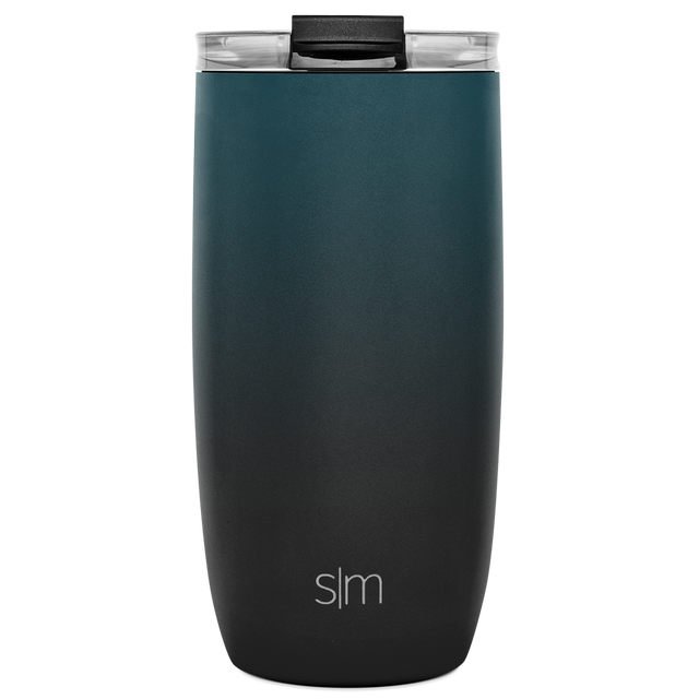 Dark charcoal matte tumbler with teal upper portion and clear transparent lid, viewed from front. Dark charcoal matte tumbler with teal upper portion and clear transparent lid, viewed from front.