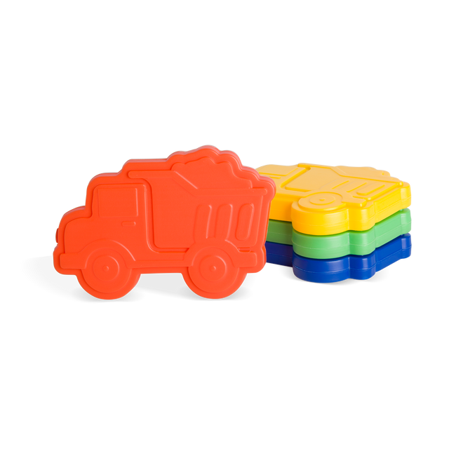 Red-orange truck on left side next to stacked shipping containers in yellow, green, and blue colors arranged vertically Red-orange truck on left side next to stacked shipping containers in yellow, green, and blue colors arranged vertically