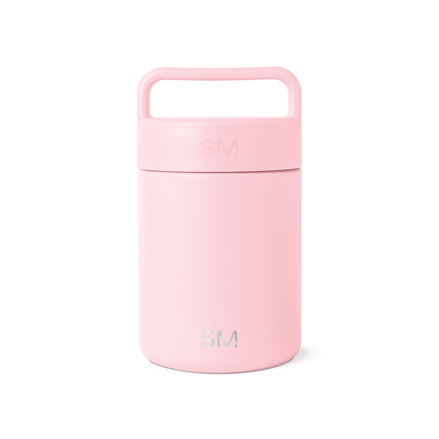 Soft pastel pink cylindrical insulated food and beverage container with removable lid and integrated carrying handle Soft pastel pink cylindrical insulated food and beverage container with removable lid and integrated carrying handle