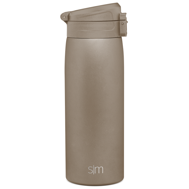 Taupe water bottle on white background, shown from front view, featuring a wide body with cap and handle design for easy carrying and hydration. Taupe water bottle on white background, shown from front view, featuring a wide body with cap and handle design for easy carrying and hydration.