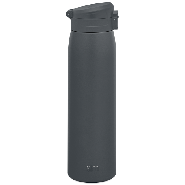 Charcoal gray cylindrical water bottle with matching lid on white background Charcoal gray cylindrical water bottle with matching lid on white background