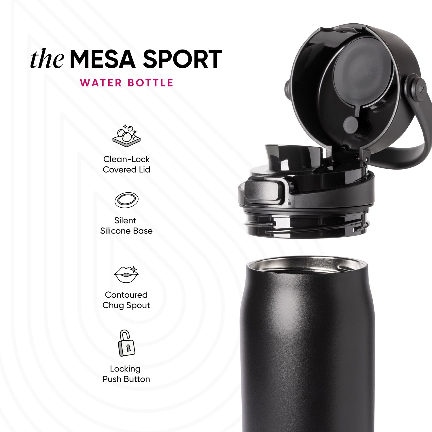 Black water bottle with gray metallic accents and black lid on white background