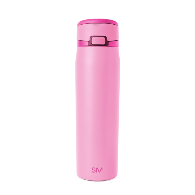 Pink cylindrical drinkware with magenta accent details Pink cylindrical drinkware with magenta accent details