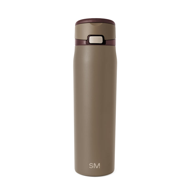 Taupe beige insulated tumbler with deep burgundy lid and band accent Taupe beige insulated tumbler with deep burgundy lid and band accent