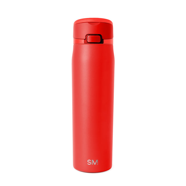 Coral-red cylindrical water bottle with darker red cap and black rim accents Coral-red cylindrical water bottle with darker red cap and black rim accents