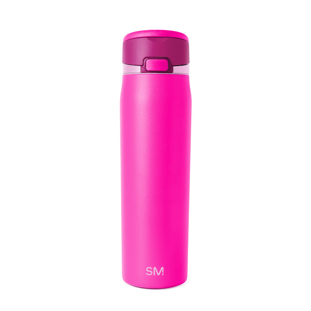 Hot pink and magenta water bottle with darker pink lid, viewed against plain background Hot pink and magenta water bottle with darker pink lid, viewed against plain background