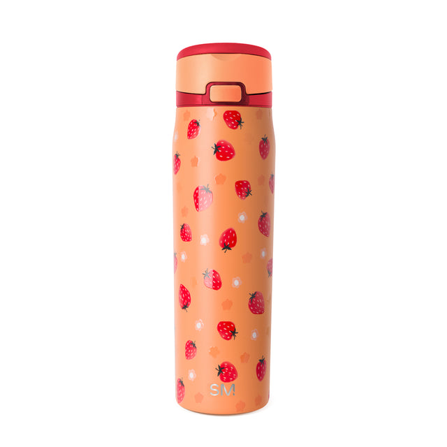 Peachy-coral cylindrical tumbler with deep crimson red lid and band, featuring red strawberries in the design. Peachy-coral cylindrical tumbler with deep crimson red lid and band, featuring red strawberries in the design.