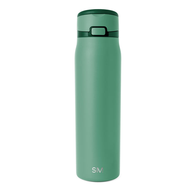 Tall cylindrical insulated water bottle in sage green with matte finish and forest green band across upper portion Tall cylindrical insulated water bottle in sage green with matte finish and forest green band across upper portion