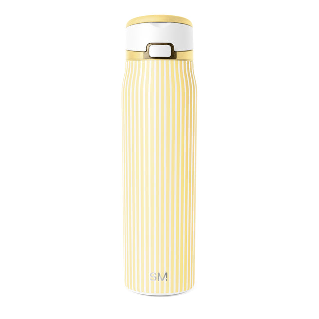Pale yellow and white striped water bottle with golden-yellow lid, white top and bottom sections Pale yellow and white striped water bottle with golden-yellow lid, white top and bottom sections