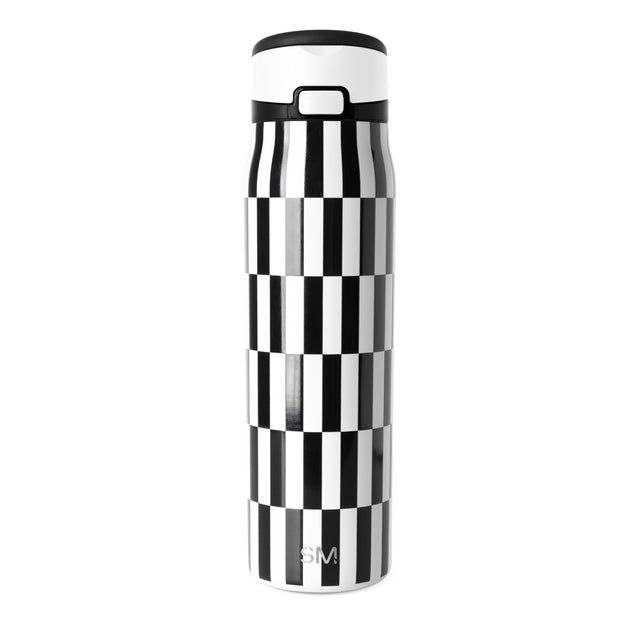 Black and white checkered water bottle with vertical stripe pattern, featuring a bold high-contrast checkerboard design on the bottle body. Black and white checkered water bottle with vertical stripe pattern, featuring a bold high-contrast checkerboard design on the bottle body.