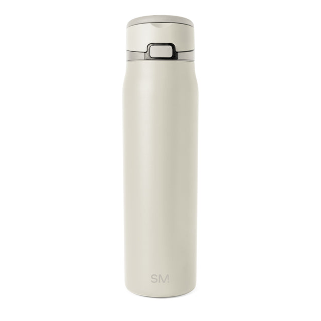 Cream-colored water bottle with gray charcoal lid and band accents, displayed against a neutral background Cream-colored water bottle with gray charcoal lid and band accents, displayed against a neutral background