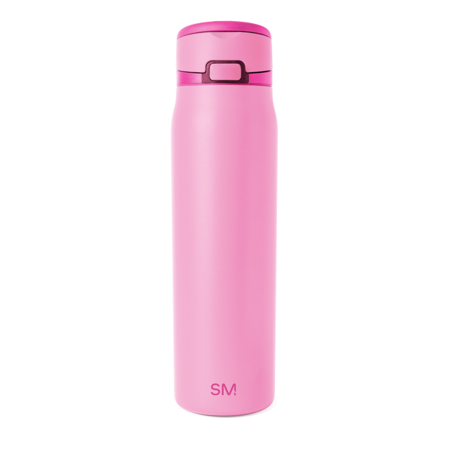 Vibrant pink insulated bottle with magenta lid and handle on white background Vibrant pink insulated bottle with magenta lid and handle on white background
