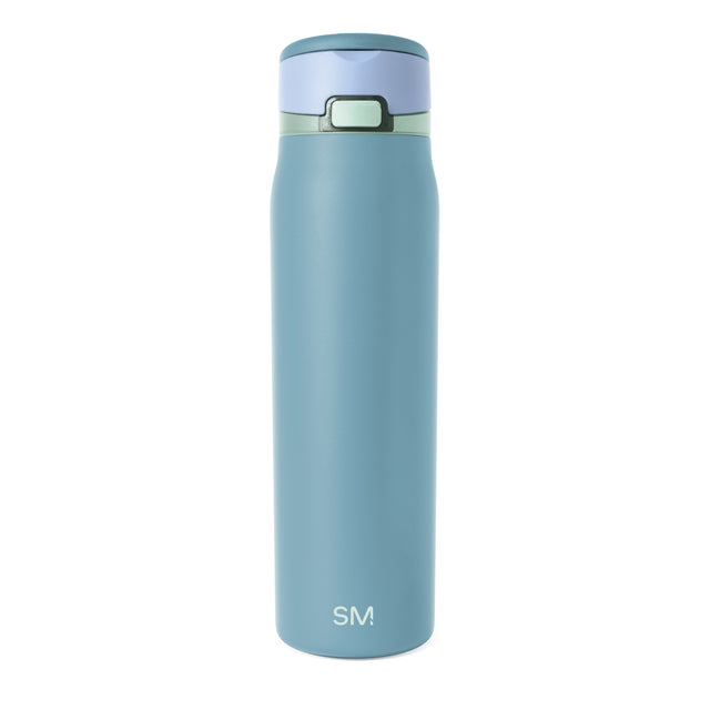 Insulated water bottle with muted teal body, light periwinkle blue threaded lid and band, and pale mint green accent stripe Insulated water bottle with muted teal body, light periwinkle blue threaded lid and band, and pale mint green accent stripe