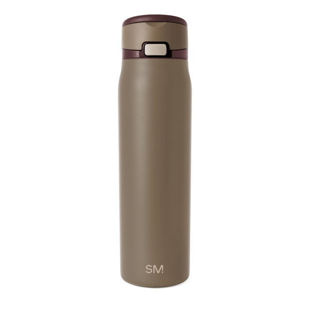 Tall stainless steel water bottle with matte taupe finish and smooth tapered cylindrical shape, centered on white background, featuring a cap at the top. Tall stainless steel water bottle with matte taupe finish and smooth tapered cylindrical shape, centered on white background, featuring a cap at the top.