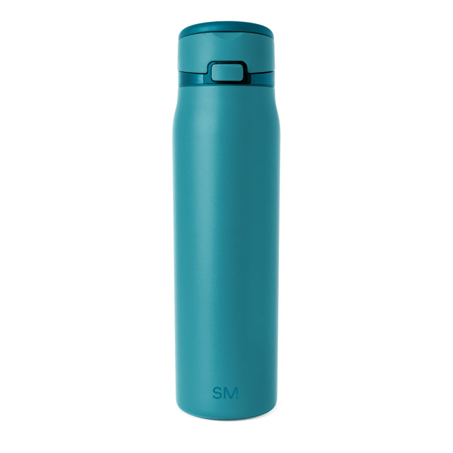 Teal blue water bottle with darker navy blue lid and rectangular button accent Teal blue water bottle with darker navy blue lid and rectangular button accent