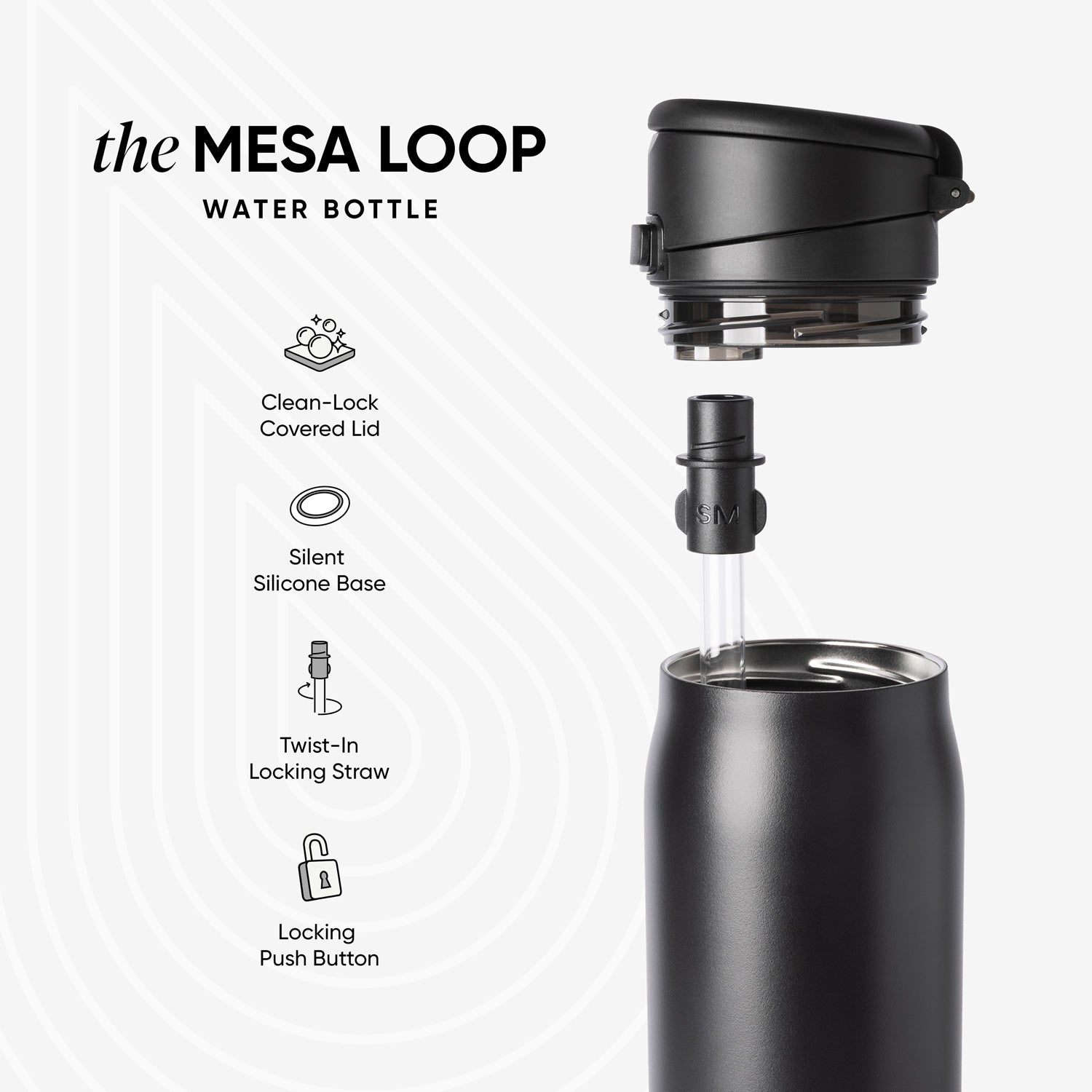 Midnight Black Mesa Loop showing the lid and straw functionality with text calling out the clean-lock covered lid, silent silicone base, twist-in locking straw and locking push button