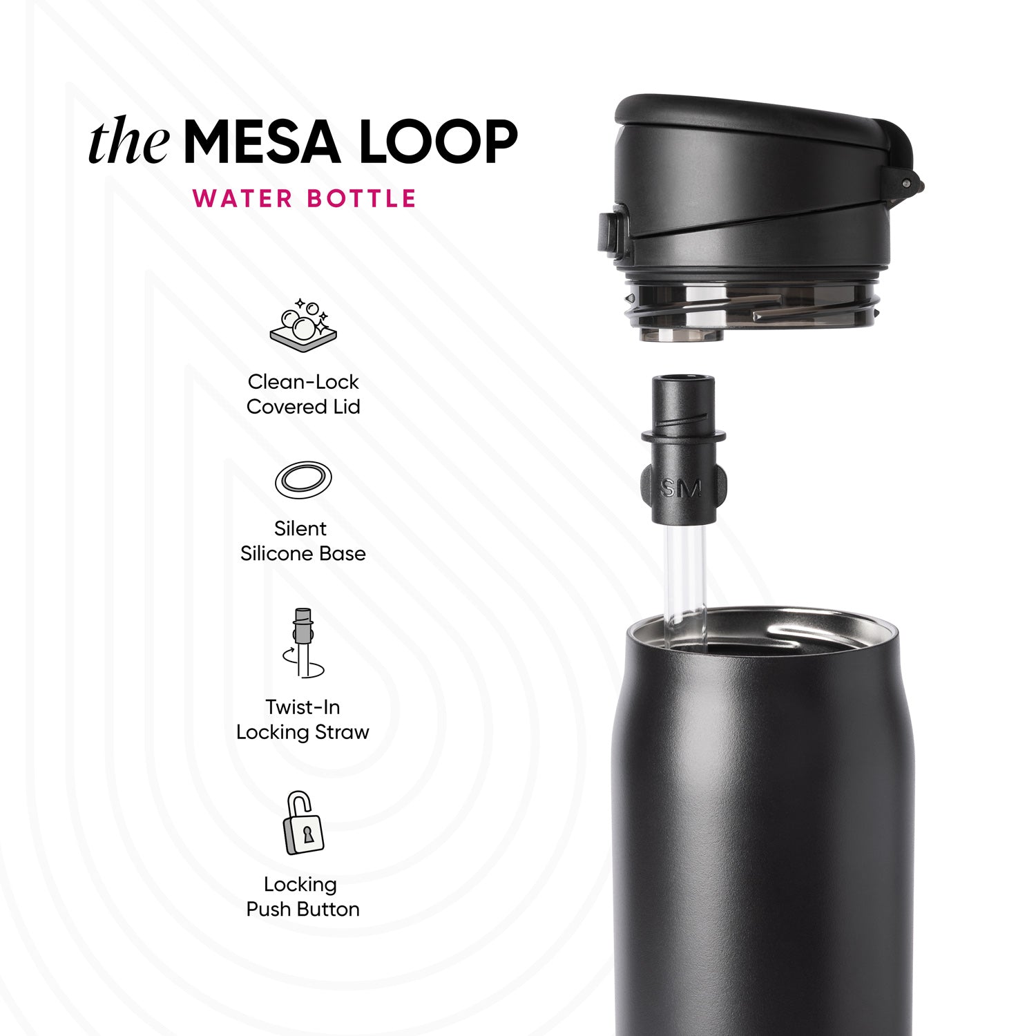 Matte black water bottle with components displayed against white background, showing clean minimal design with black, white, and gray tones.