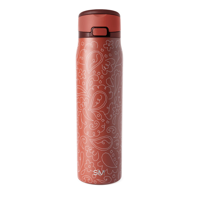 Terracotta rust-red water bottle with burgundy brown lid and lower lip accent featuring a decorative pattern Terracotta rust-red water bottle with burgundy brown lid and lower lip accent featuring a decorative pattern