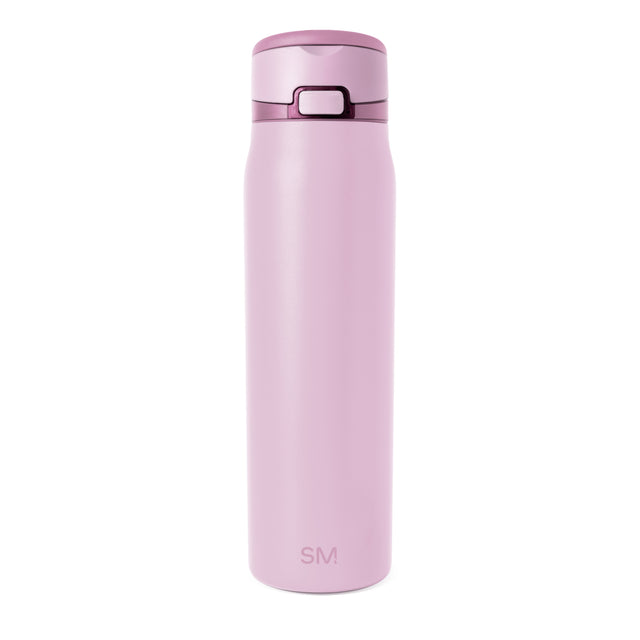 Tall cylindrical insulated water bottle in pale pink with rounded cap and mauve accent band Tall cylindrical insulated water bottle in pale pink with rounded cap and mauve accent band