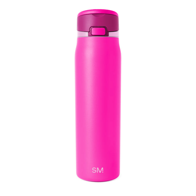 Hot pink water bottle with burgundy lid, cylindrical design, two-tone color scheme Hot pink water bottle with burgundy lid, cylindrical design, two-tone color scheme